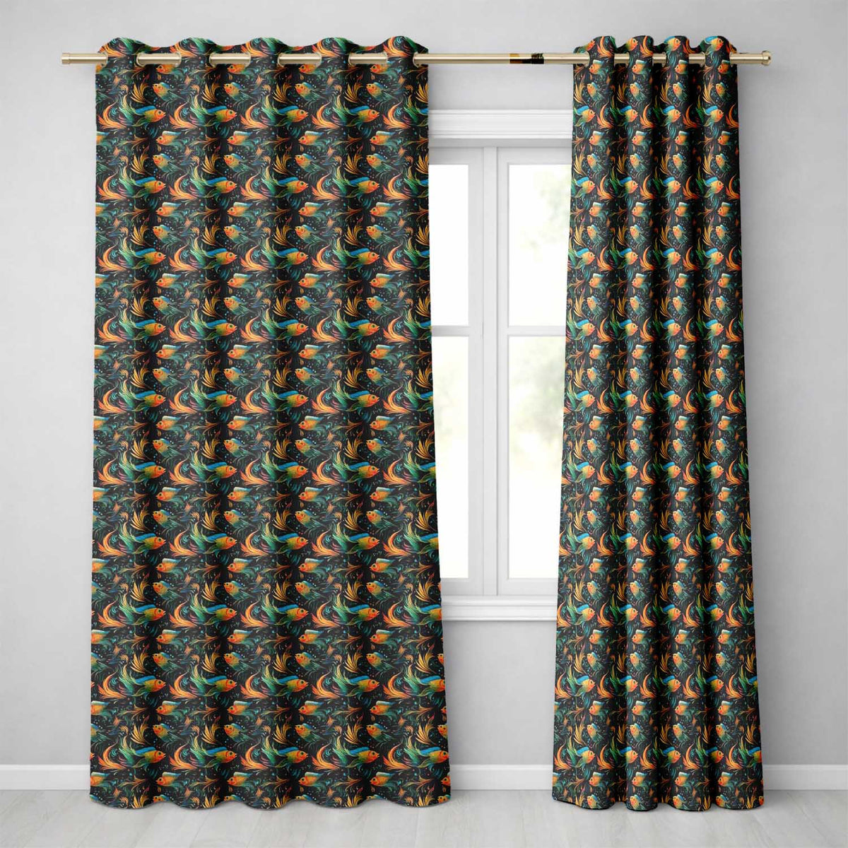 Vibrant Goldfish with Flowing Fins on Dark Aquatic Background Seamless Pattern Readymade Eyelet Ring Top Thermal 100% Blackout Curtains