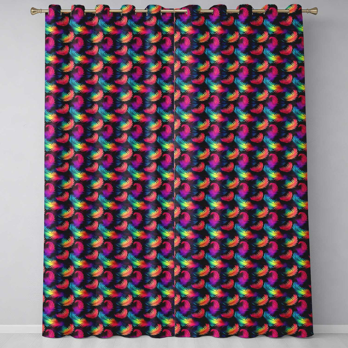 Vibrant Rainbow Feather Pattern on Black Background Seamless Colorful Readymade Eyelet Ring Top Thermal 100% Blackout Curtains