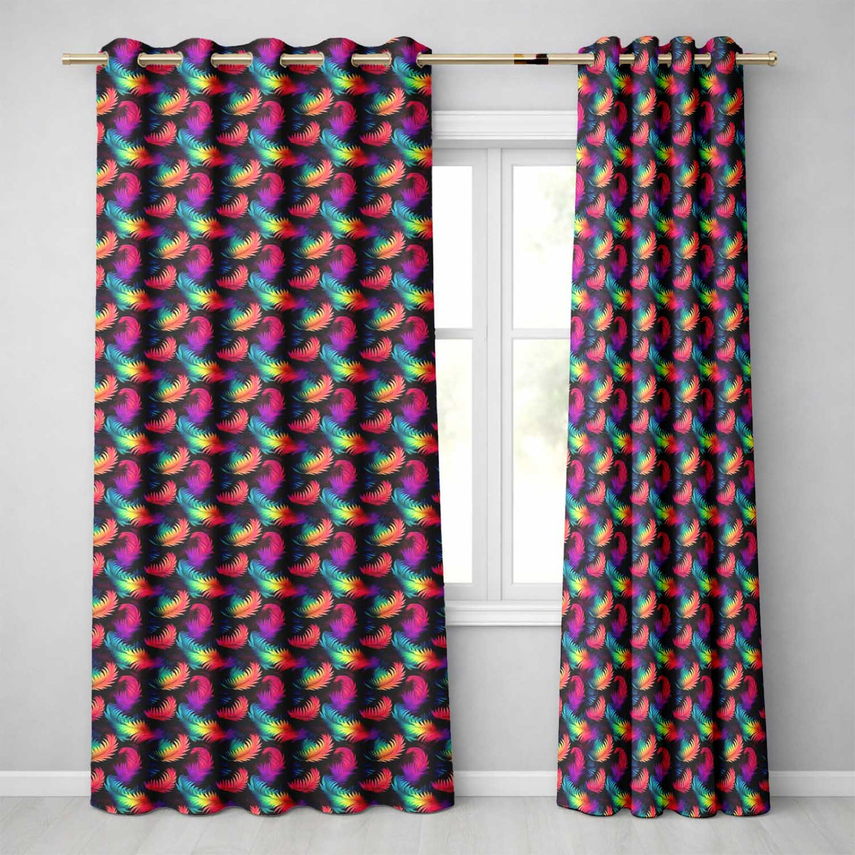 Vibrant Rainbow Feather Pattern on Black Background Seamless Colorful Readymade Eyelet Ring Top Thermal 100% Blackout Curtains