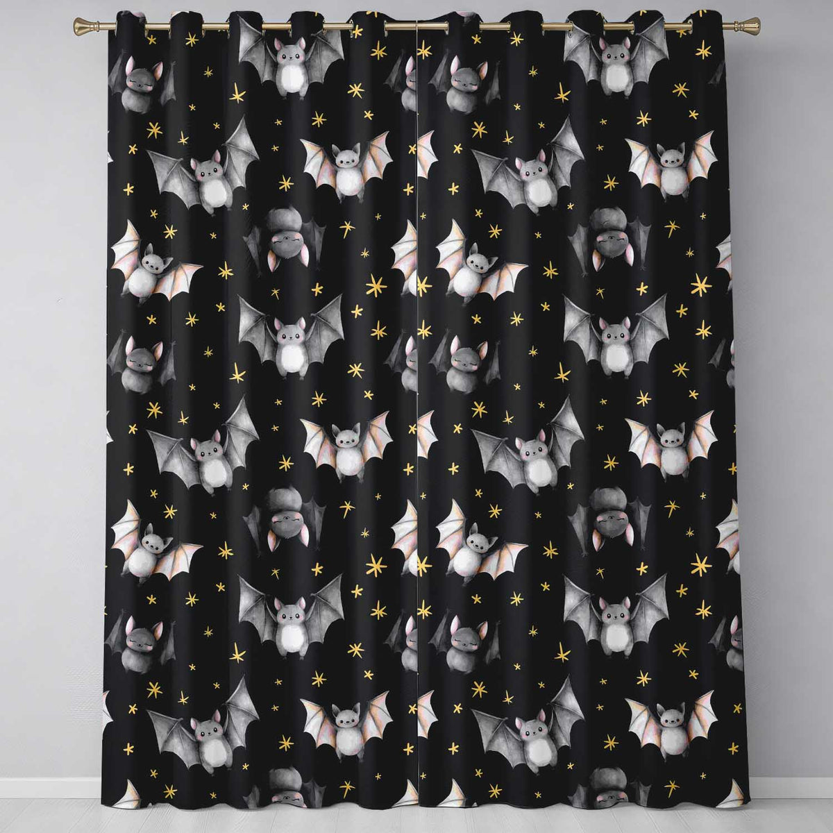 Cute Watercolor Bats and Stars Seamless Halloween Pattern Black Background Readymade Eyelet Ring Top Thermal 100% Blackout Curtains