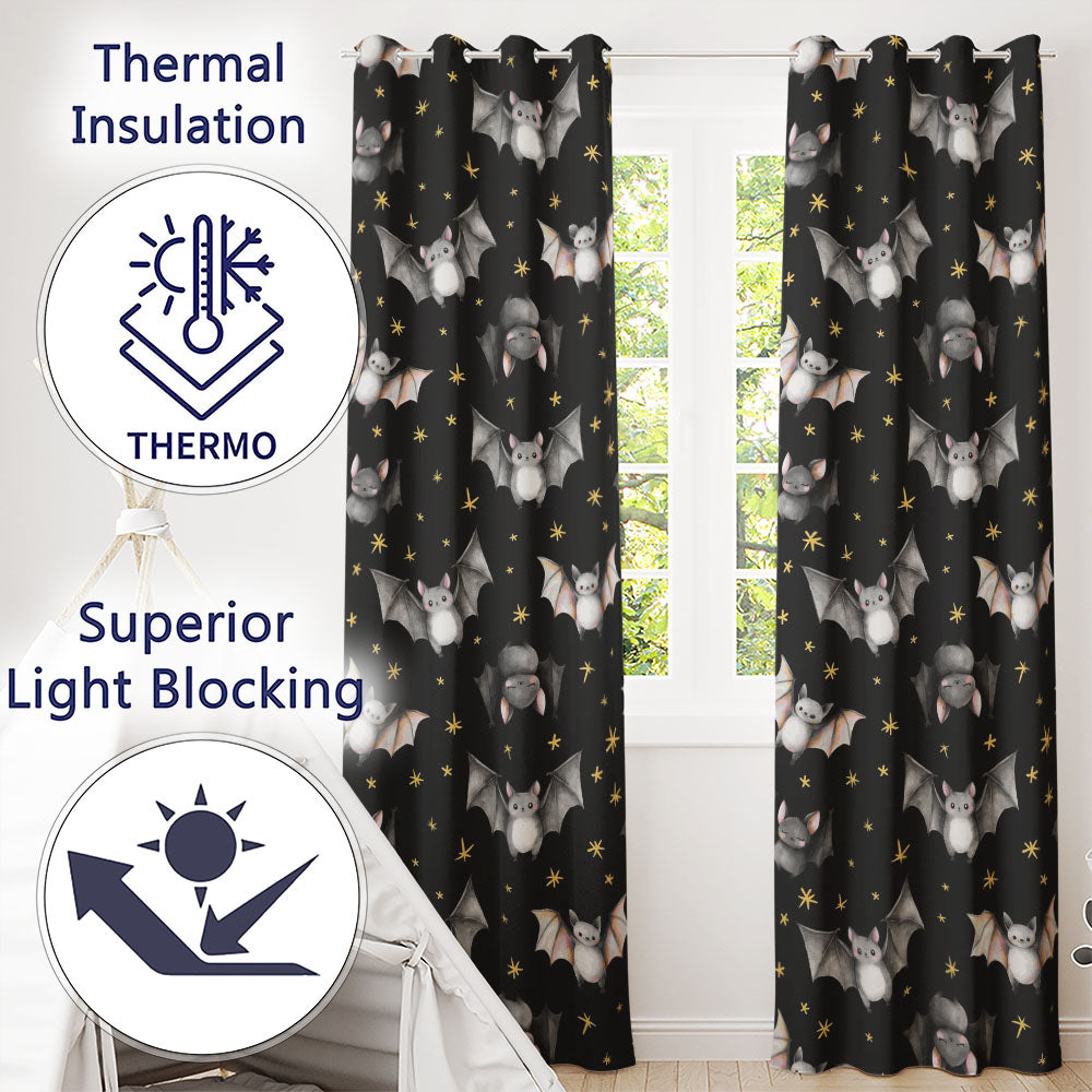 Cute Watercolor Bats and Stars Seamless Halloween Pattern Black Background Readymade Eyelet Ring Top Thermal 100% Blackout Curtains