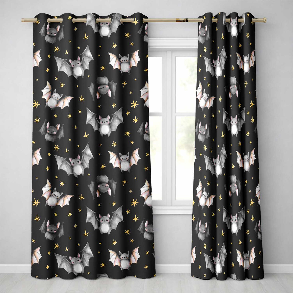 Cute Watercolor Bats and Stars Seamless Halloween Pattern Black Background Readymade Eyelet Ring Top Thermal 100% Blackout Curtains