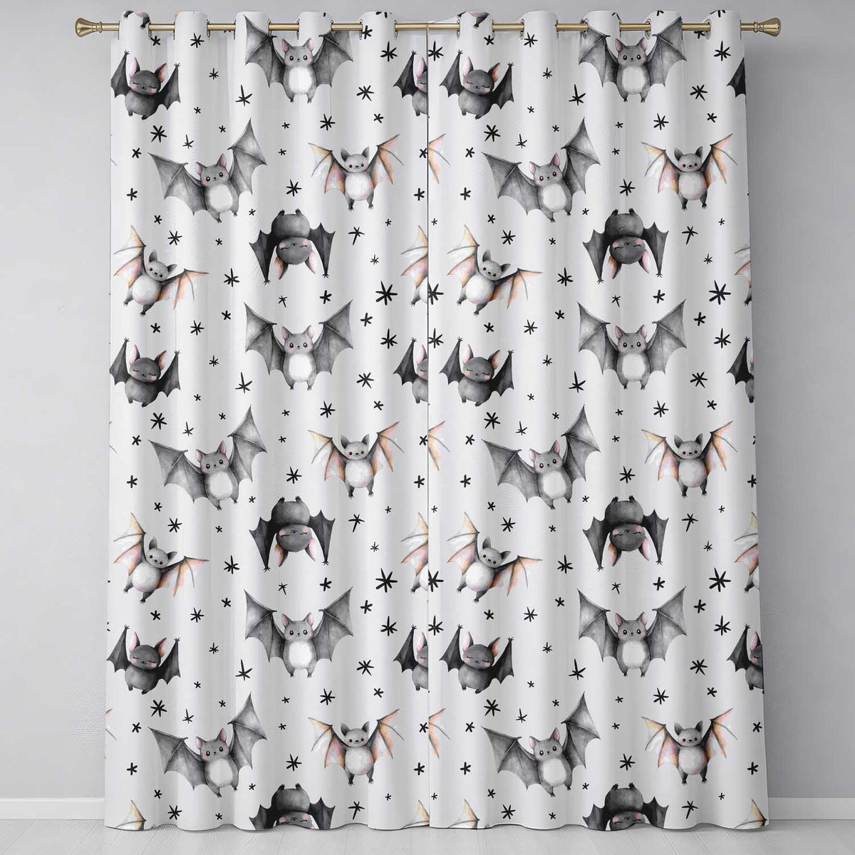 Cute Watercolor Bats and Stars Seamless Pattern Soft Grey Background Readymade Eyelet Ring Top Thermal 100% Blackout Curtains