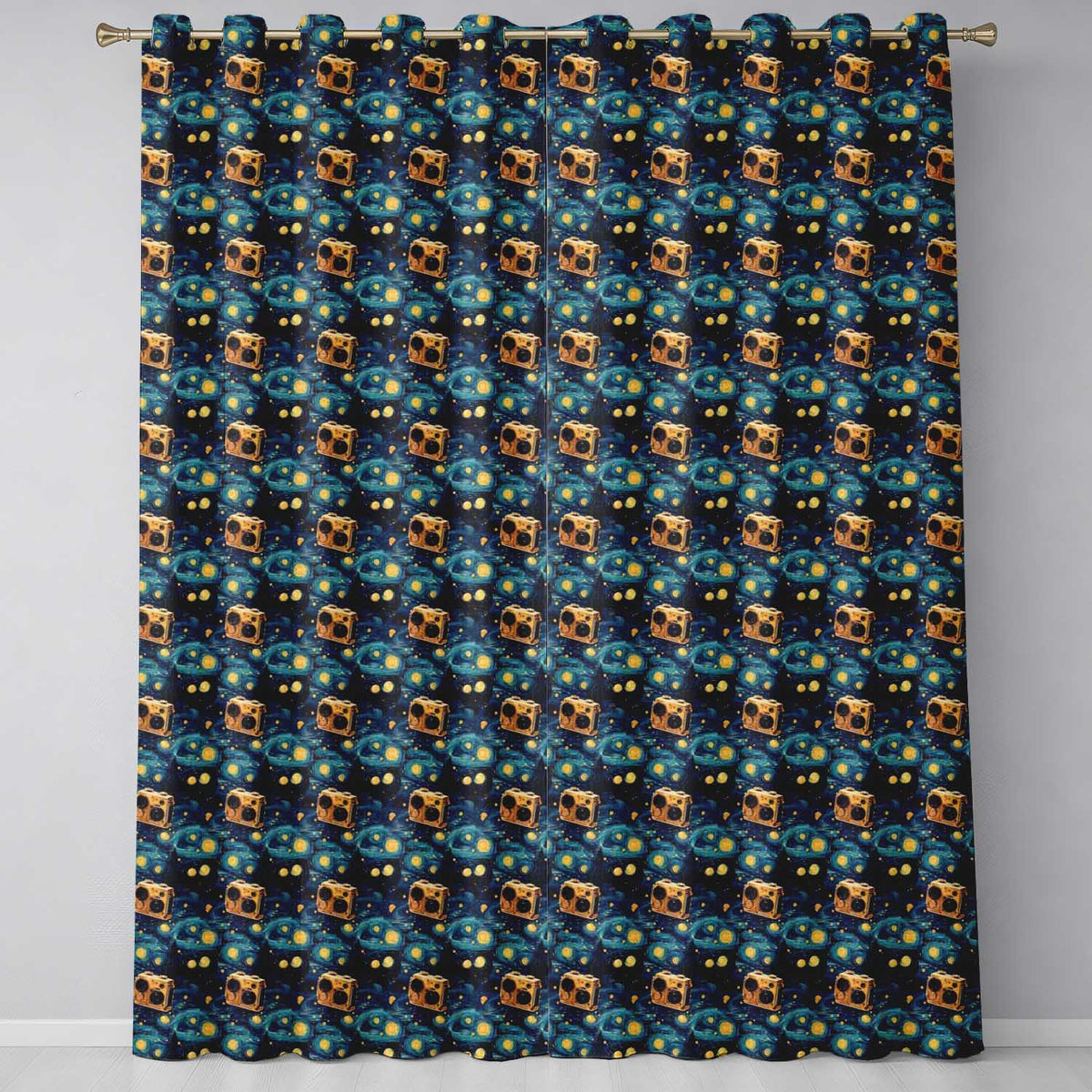 Vintage Colourful Camera Grid Seamless Pattern on Cream Background Readymade Eyelet Ring Top Thermal 100% Blackout Curtains