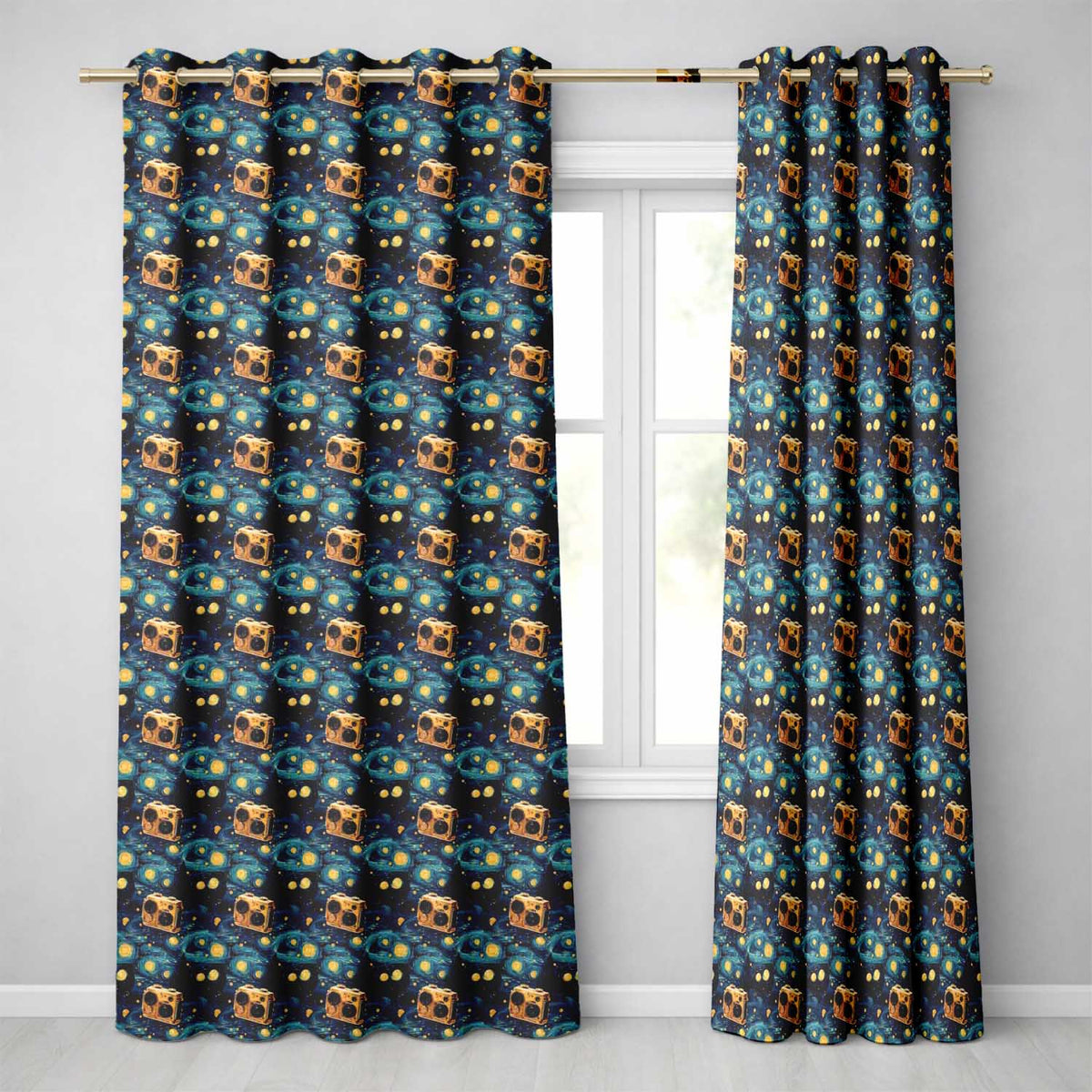 Vintage Colourful Camera Grid Seamless Pattern on Cream Background Readymade Eyelet Ring Top Thermal 100% Blackout Curtains