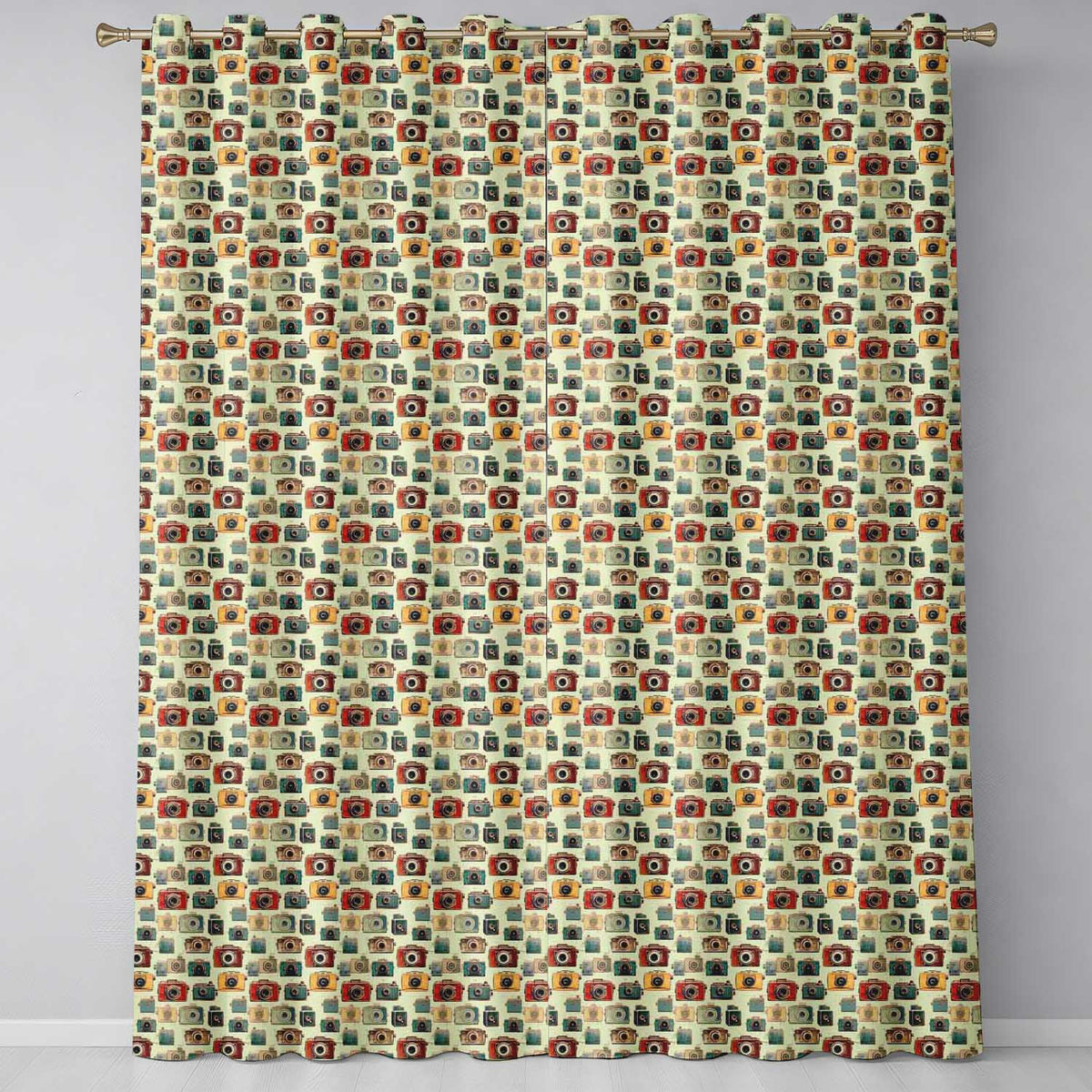 Mustard Yellow and Black Vintage Camera Illustration Seamless Pattern Readymade Eyelet Ring Top Thermal 100% Blackout Curtains