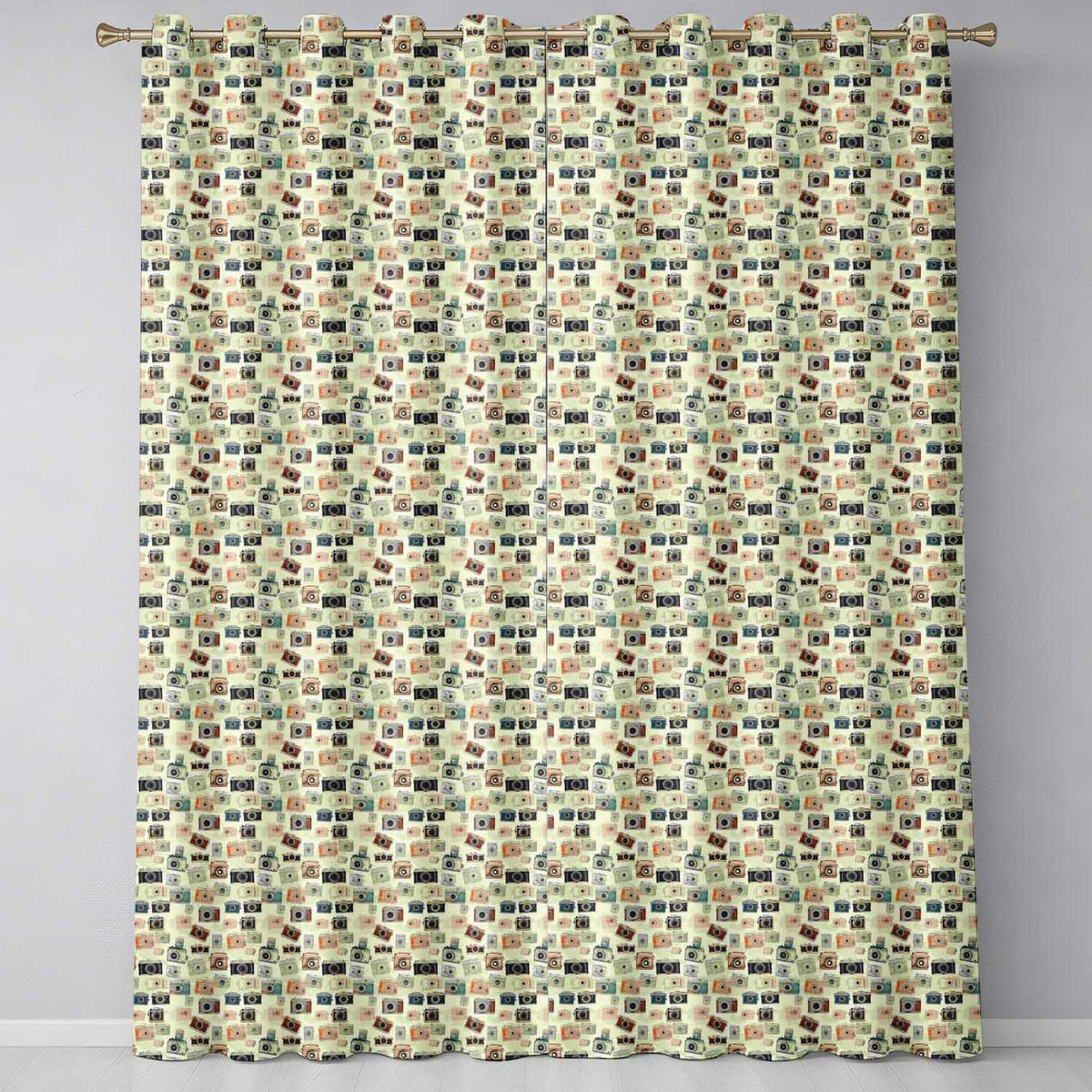 Minimal Camera Seamless Pattern on Beige Background Readymade Eyelet Ring Top Thermal 100% Blackout Curtains
