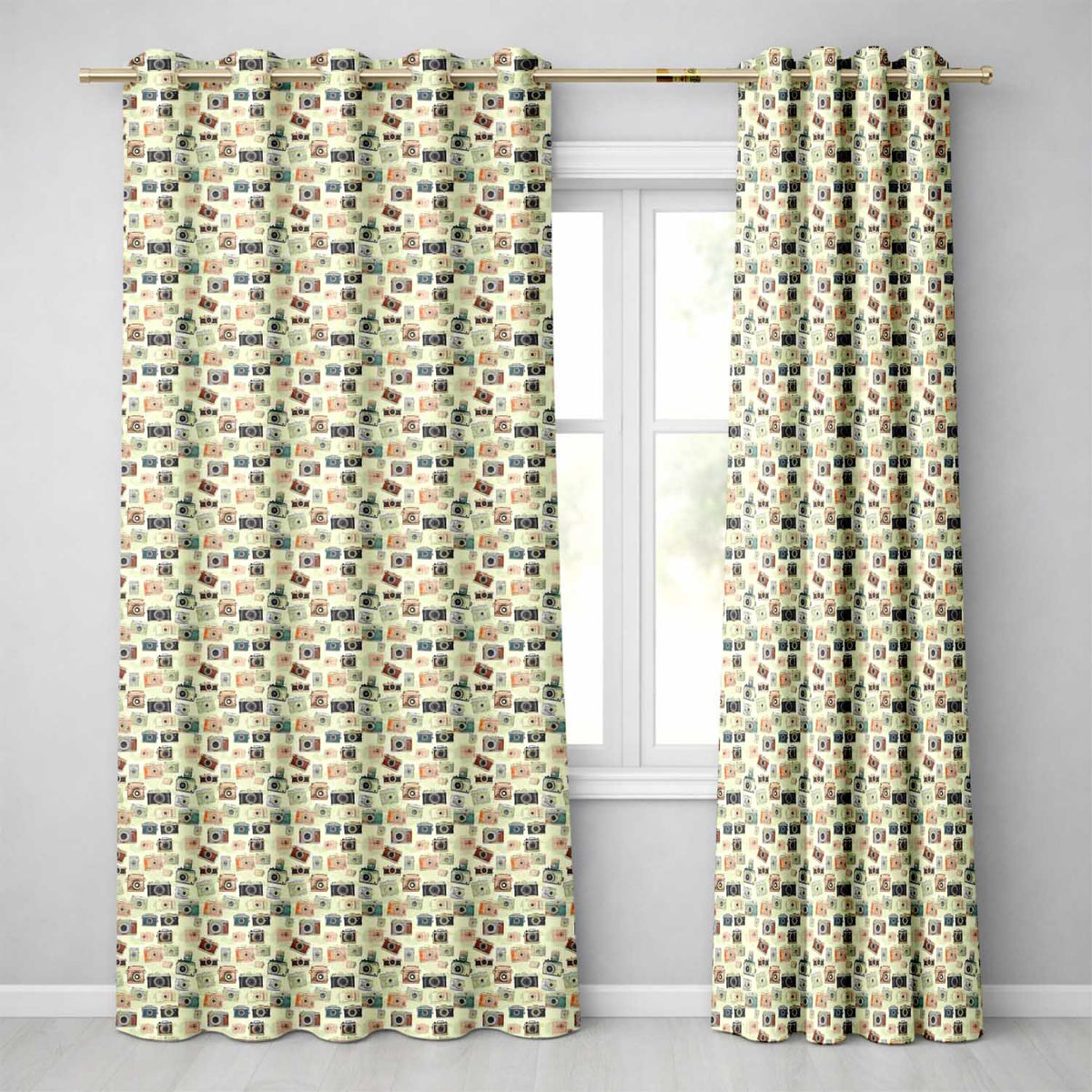 Minimal Camera Seamless Pattern on Beige Background Readymade Eyelet Ring Top Thermal 100% Blackout Curtains