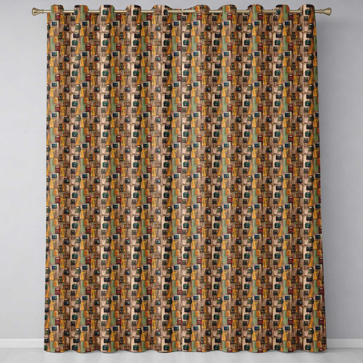 Rustic Wooden Panel Background with Vintage Cameras Seamless Pattern Readymade Eyelet Ring Top Thermal 100% Blackout Curtains
