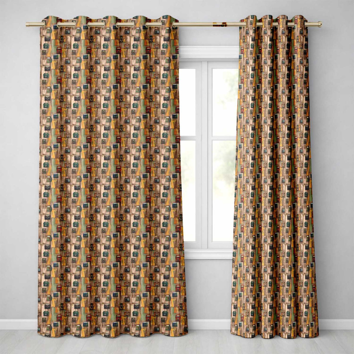 Rustic Wooden Panel Background with Vintage Cameras Seamless Pattern Readymade Eyelet Ring Top Thermal 100% Blackout Curtains