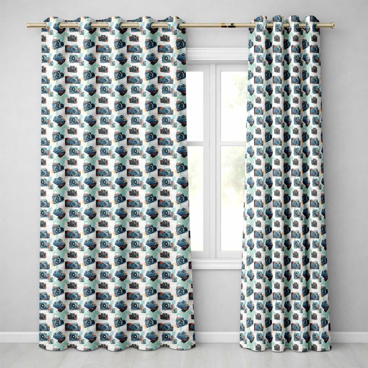 Vintage Camera with Paint Splash Effect Light Background Seamless Design Readymade Eyelet Ring Top Thermal 100% Blackout Curtains