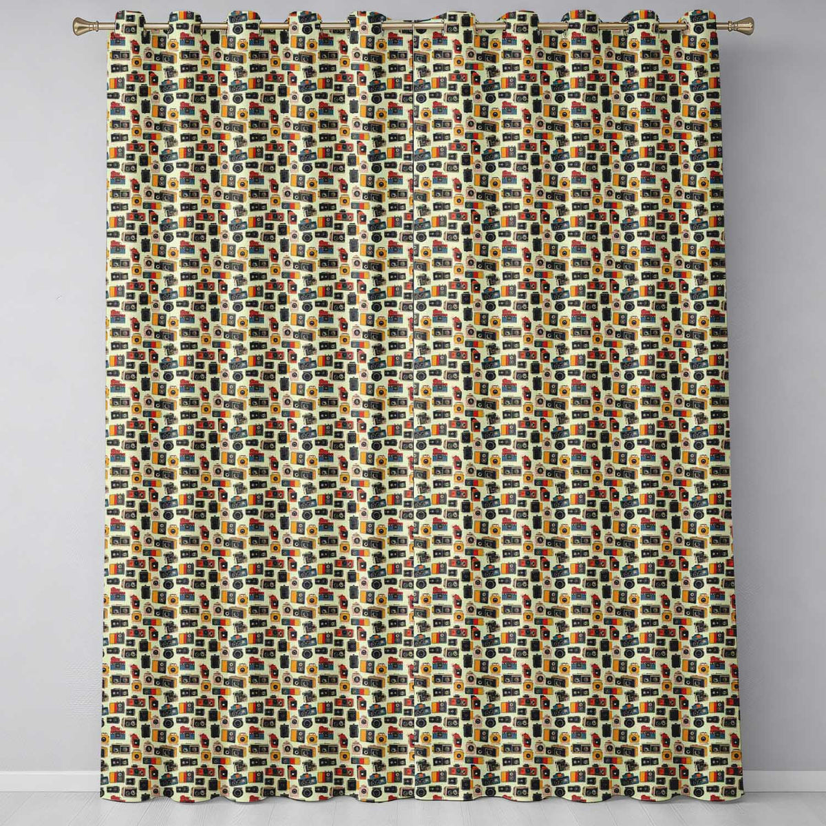 Minimal Camera Seamless Pattern Neutral Cream Background Readymade Eyelet Ring Top Thermal 100% Blackout Curtains