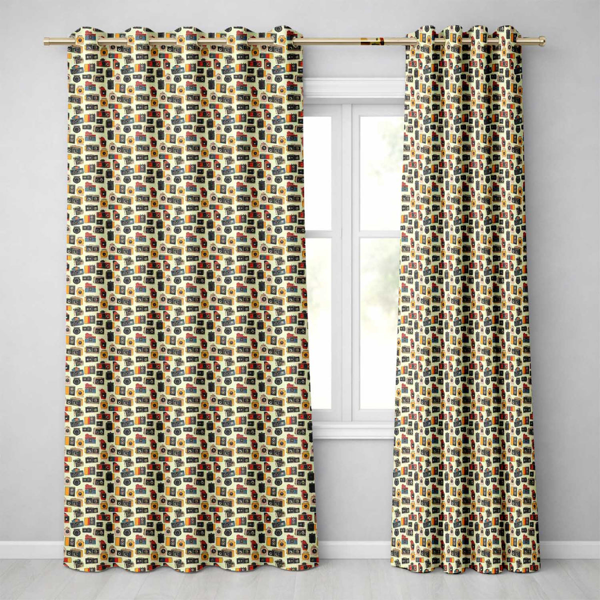 Minimal Camera Seamless Pattern Neutral Cream Background Readymade Eyelet Ring Top Thermal 100% Blackout Curtains