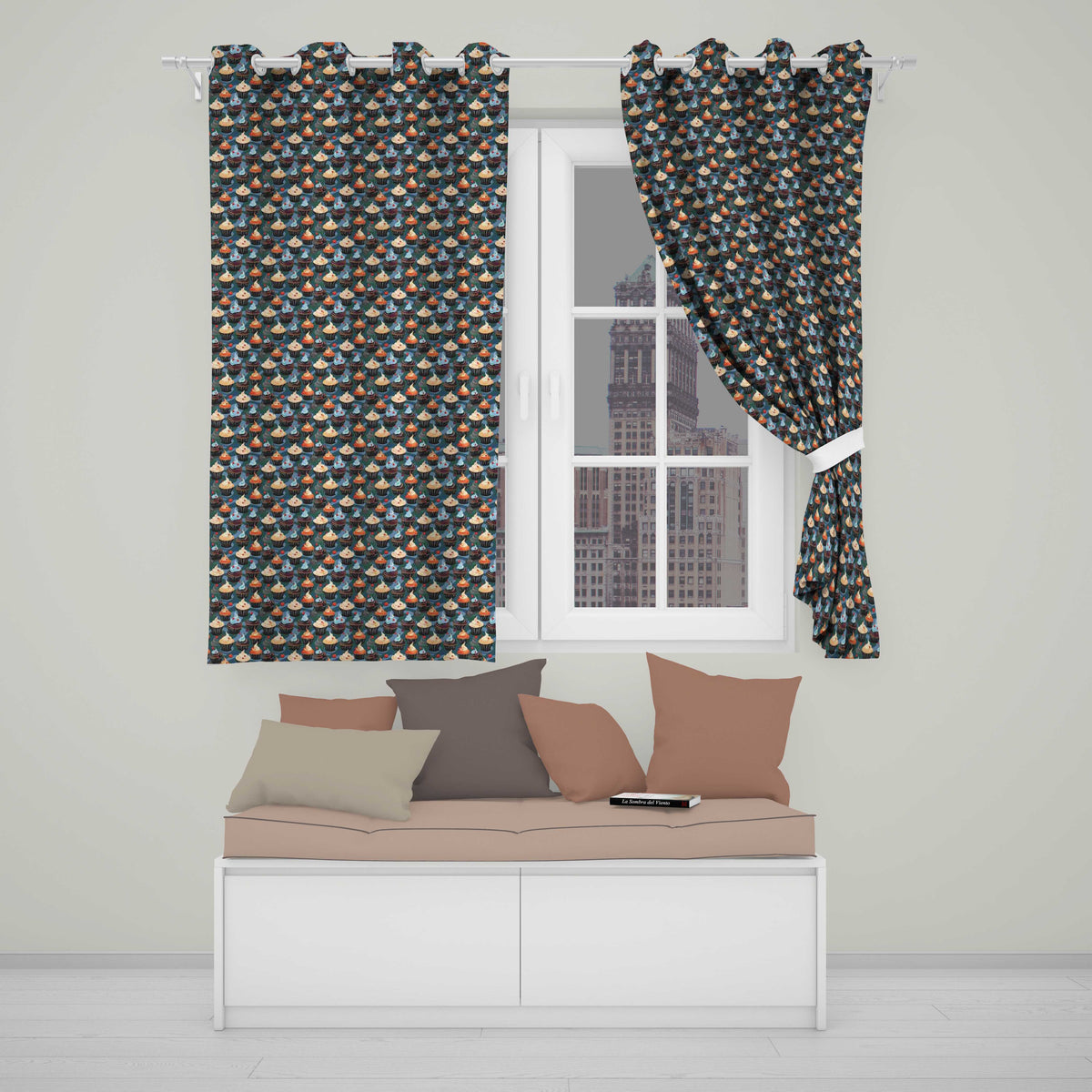 Cupcake Dessert Seamless Pattern Dark Background Readymade Eyelet Ring Top Thermal 100% Blackout Curtains