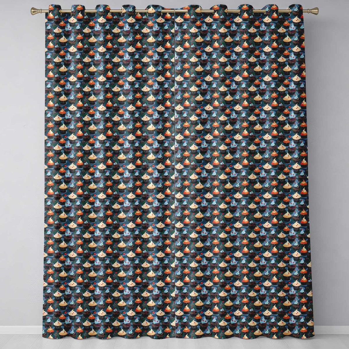 Cupcake Dessert Seamless Pattern Dark Background Readymade Eyelet Ring Top Thermal 100% Blackout Curtains