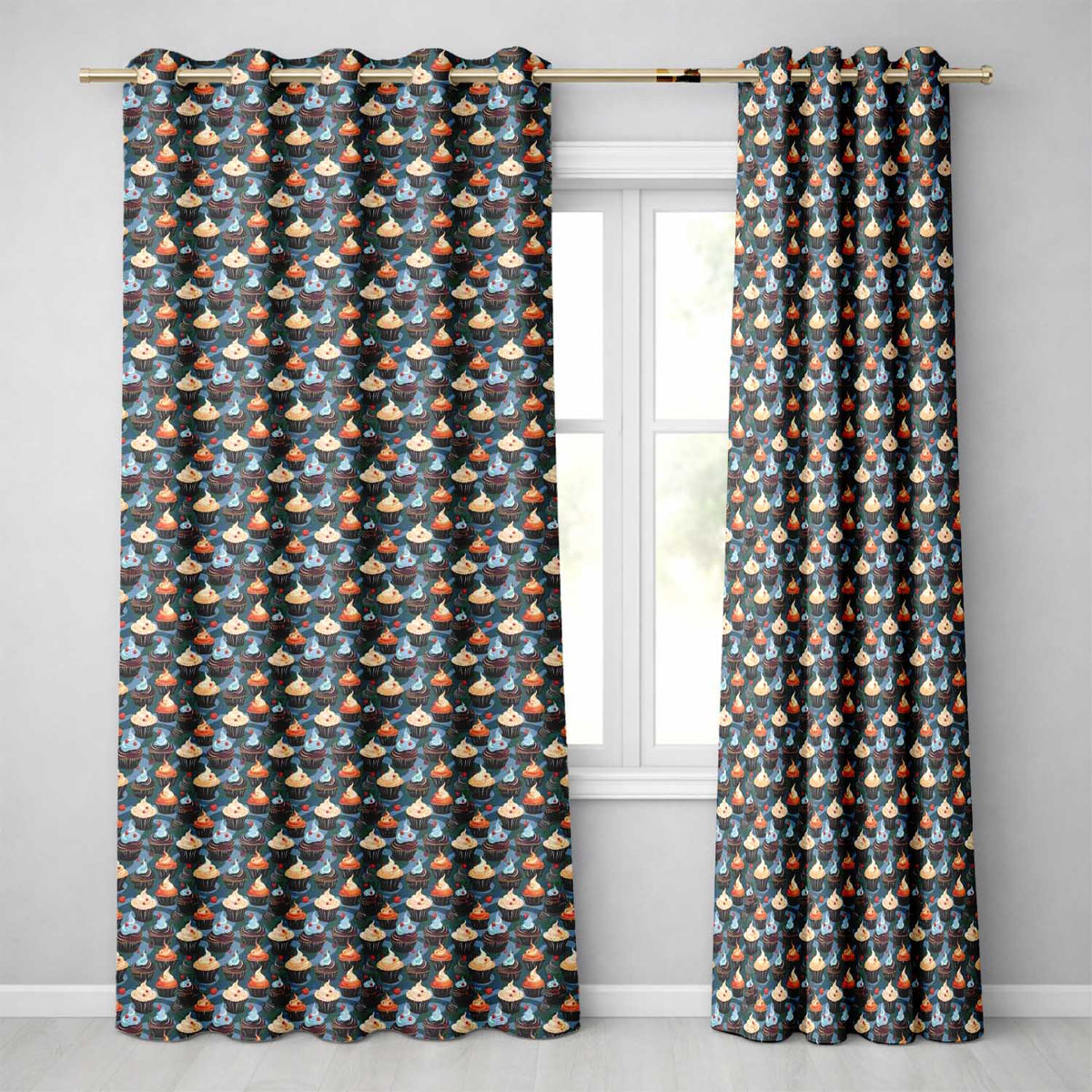 Cupcake Dessert Seamless Pattern Dark Background Readymade Eyelet Ring Top Thermal 100% Blackout Curtains