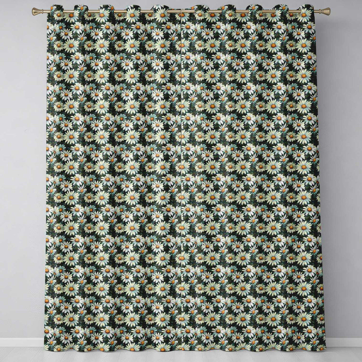 Vintage Daisy Floral Seamless Pattern with White Flowers and Green Leaves Readymade Eyelet Ring Top Thermal 100% Blackout Curtains