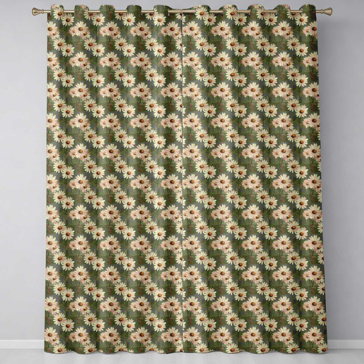 Vintage White Daisy Floral on Rustic Teal Wood Background Readymade Eyelet Ring Top Thermal 100% Blackout Curtains