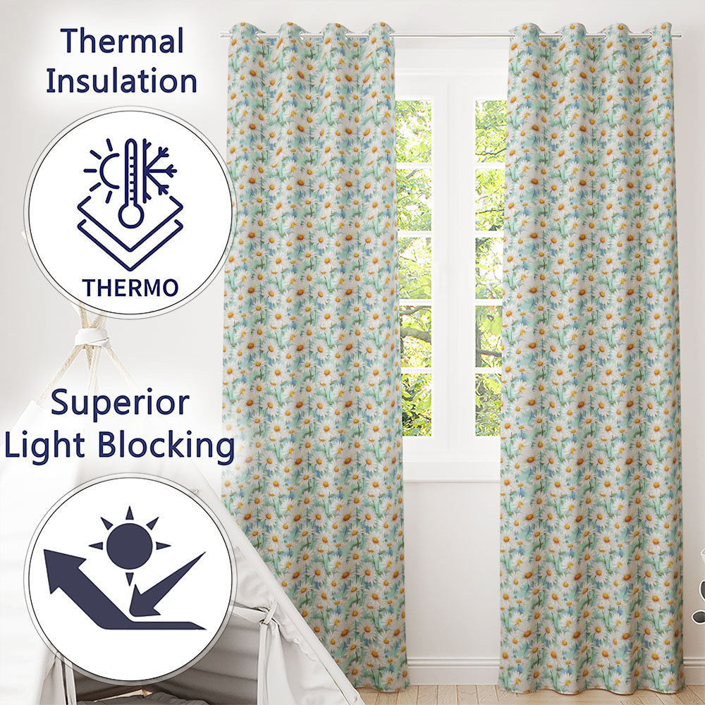 Elegant Cream Daisy Florals on Light Vintage Wash Background Readymade Eyelet Ring Top Thermal 100% Blackout Curtains