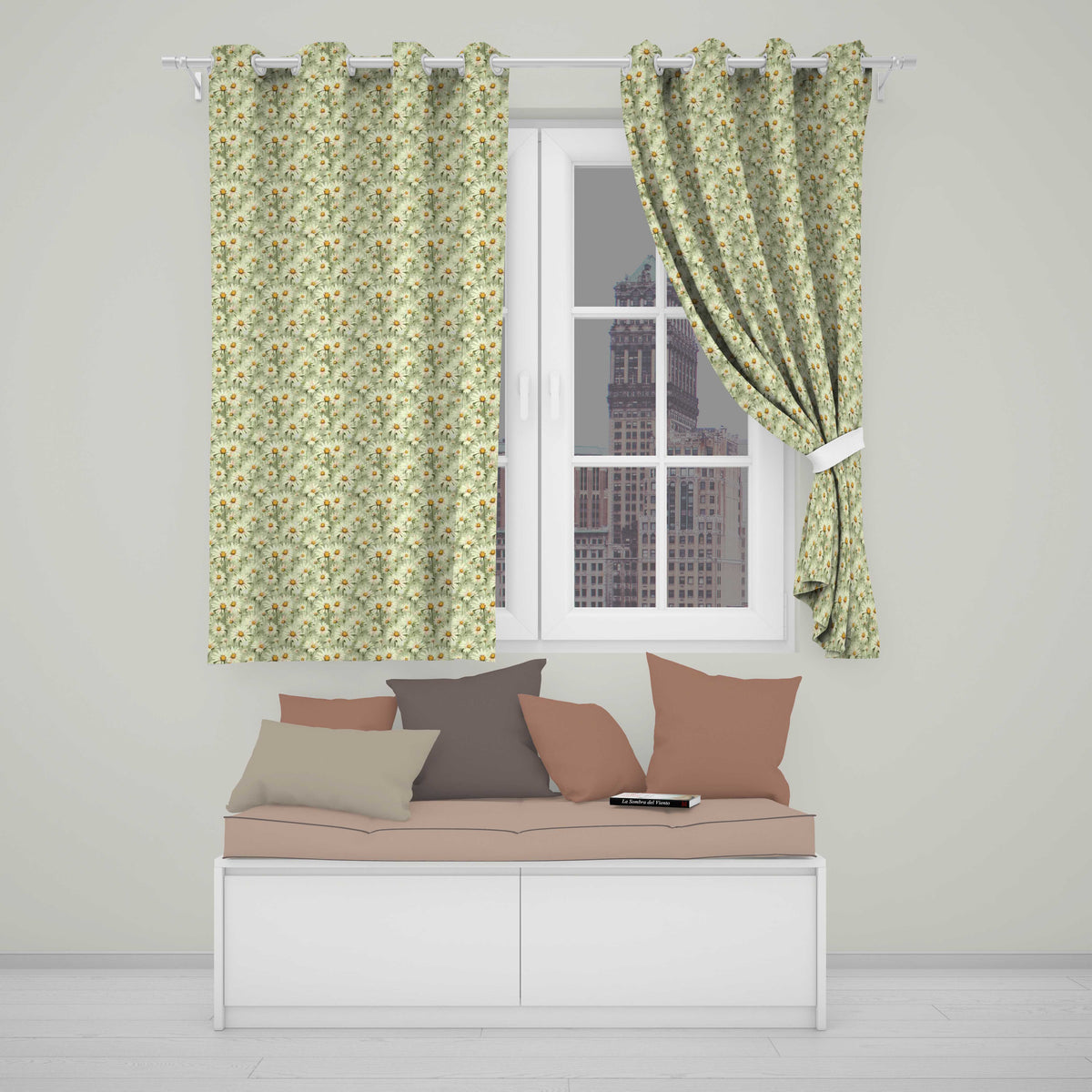 Soft Floral Daisy Trail on Teal Vintage Texture Readymade Eyelet Ring Top Thermal 100% Blackout Curtains