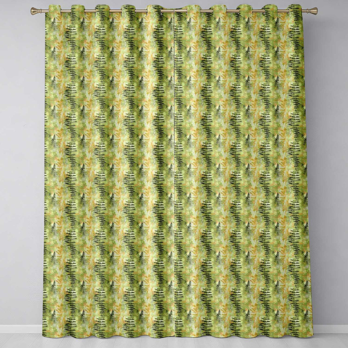 Tropical Palm Leaf Botanical Pattern in Green and Mustard Tones Seamless Design Readymade Eyelet Ring Top Thermal 100% Blackout Curtains