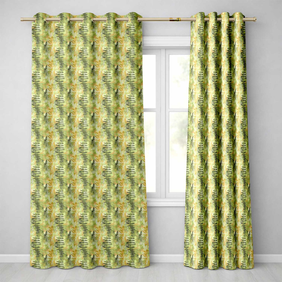 Tropical Palm Leaf Botanical Pattern in Green and Mustard Tones Seamless Design Readymade Eyelet Ring Top Thermal 100% Blackout Curtains