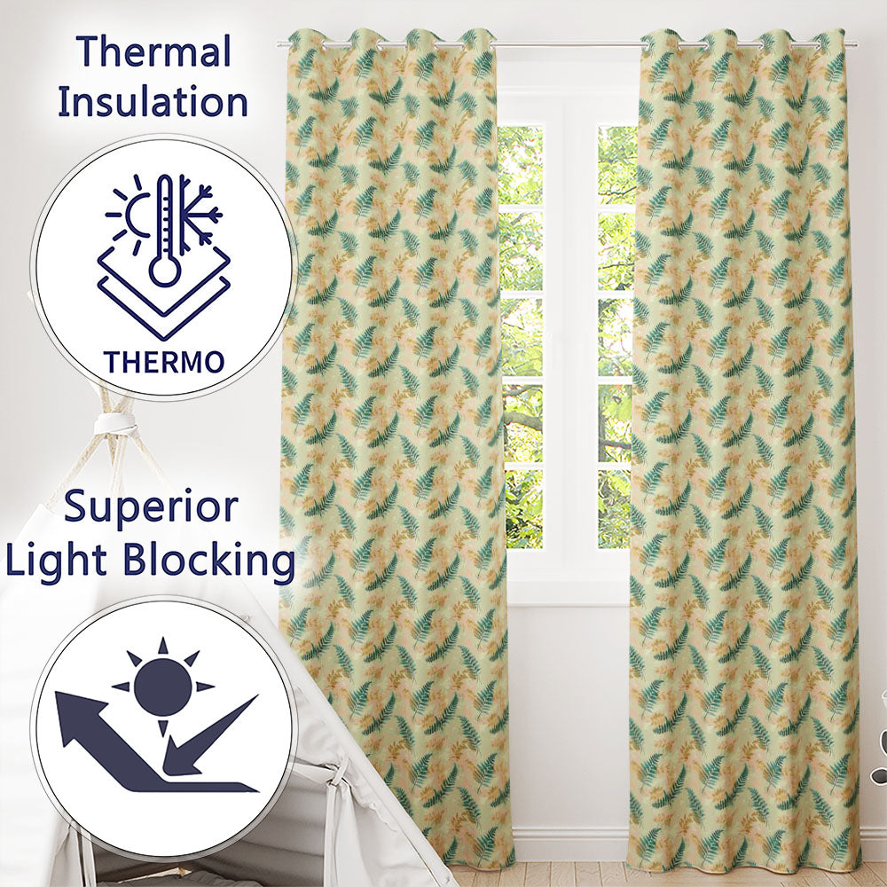 Muted Multicolour Fern Leaves Watercolor Botanical Pattern Readymade Eyelet Ring Top Thermal 100% Blackout Curtains