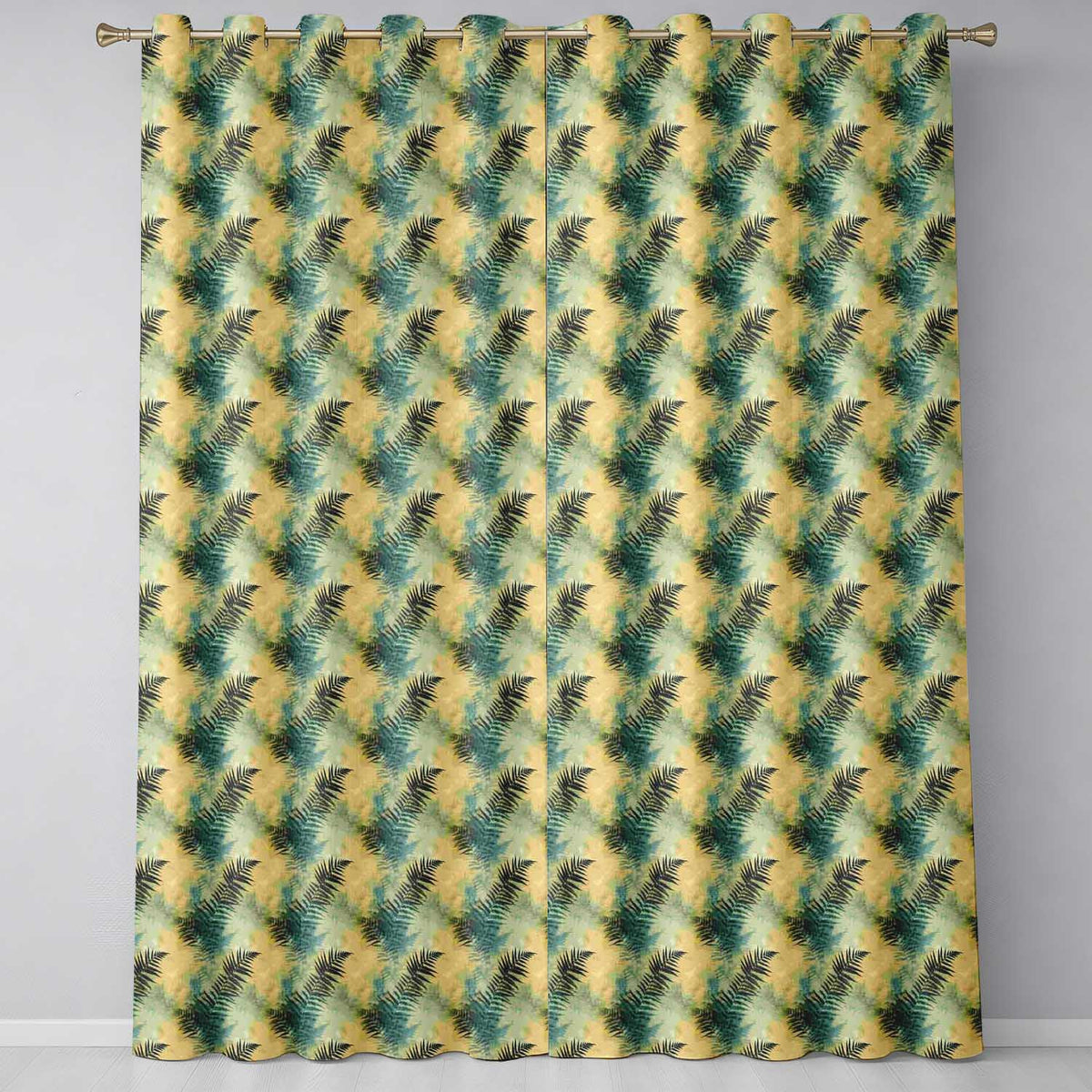 Teal and Yellow Fern Abstract Botanical Seamless Pattern Readymade Eyelet Ring Top Thermal 100% Blackout Curtains