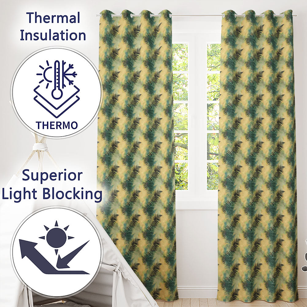 Teal and Yellow Fern Abstract Botanical Seamless Pattern Readymade Eyelet Ring Top Thermal 100% Blackout Curtains
