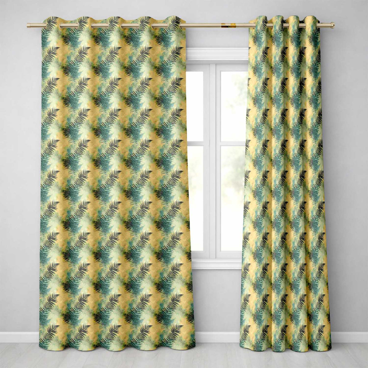 Teal and Yellow Fern Abstract Botanical Seamless Pattern Readymade Eyelet Ring Top Thermal 100% Blackout Curtains