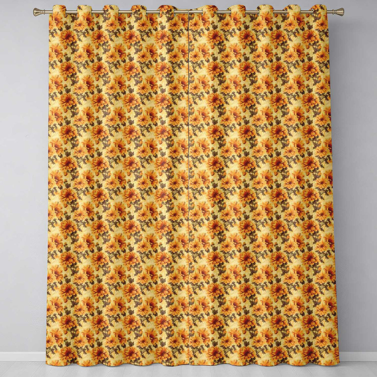 Rich Orange Floral Garden Seamless Pattern on Dark Background Readymade Eyelet Ring Top Thermal 100% Blackout Curtains