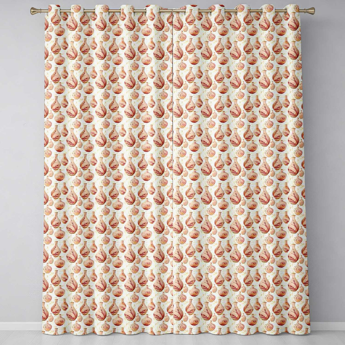 Elegant Beige Ceramic Vase Seamless Pattern Minimal Floral Design Readymade Eyelet Ring Top Thermal 100% Blackout Curtains