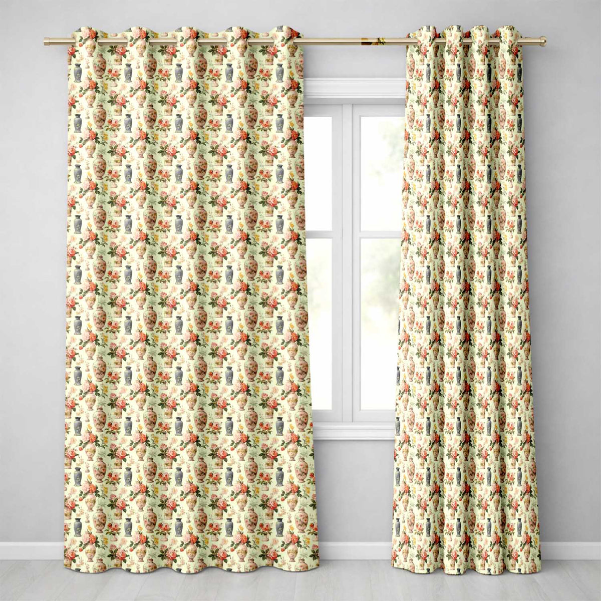 Elegant Floral Vase Arrangement with Soft Roses and Botanical Vintage Style Readymade Eyelet Ring Top Thermal 100% Blackout Curtains
