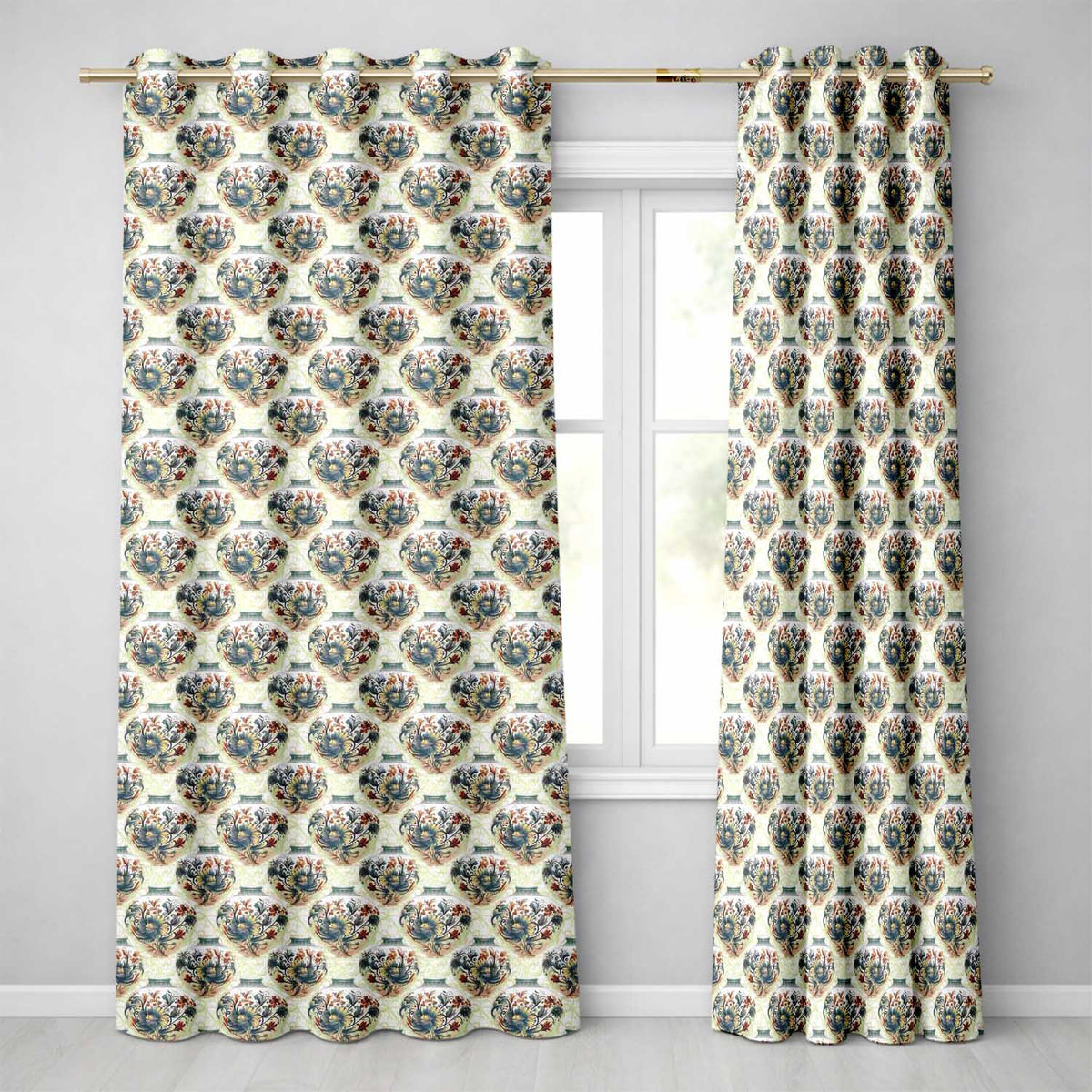 Ornate Blue and Red Decorative Vase Pattern with Classic Floral Swirls Readymade Eyelet Ring Top Thermal 100% Blackout Curtains
