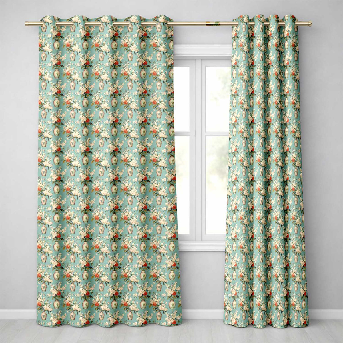 Delicate Blossom Branches in Ceramic Vases Soft Blue Background Floral Design Readymade Eyelet Ring Top Thermal 100% Blackout Curtains