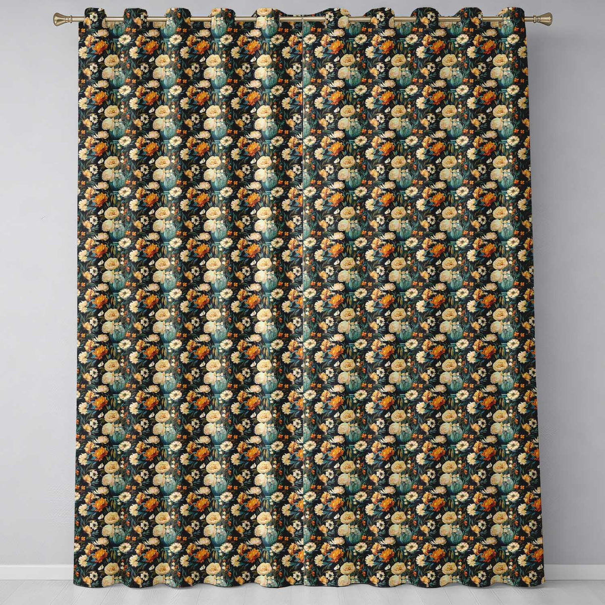 Lush Peony and Blossom Floral Pattern in Teal Vase on Dark Background Readymade Eyelet Ring Top Thermal 100% Blackout Curtains