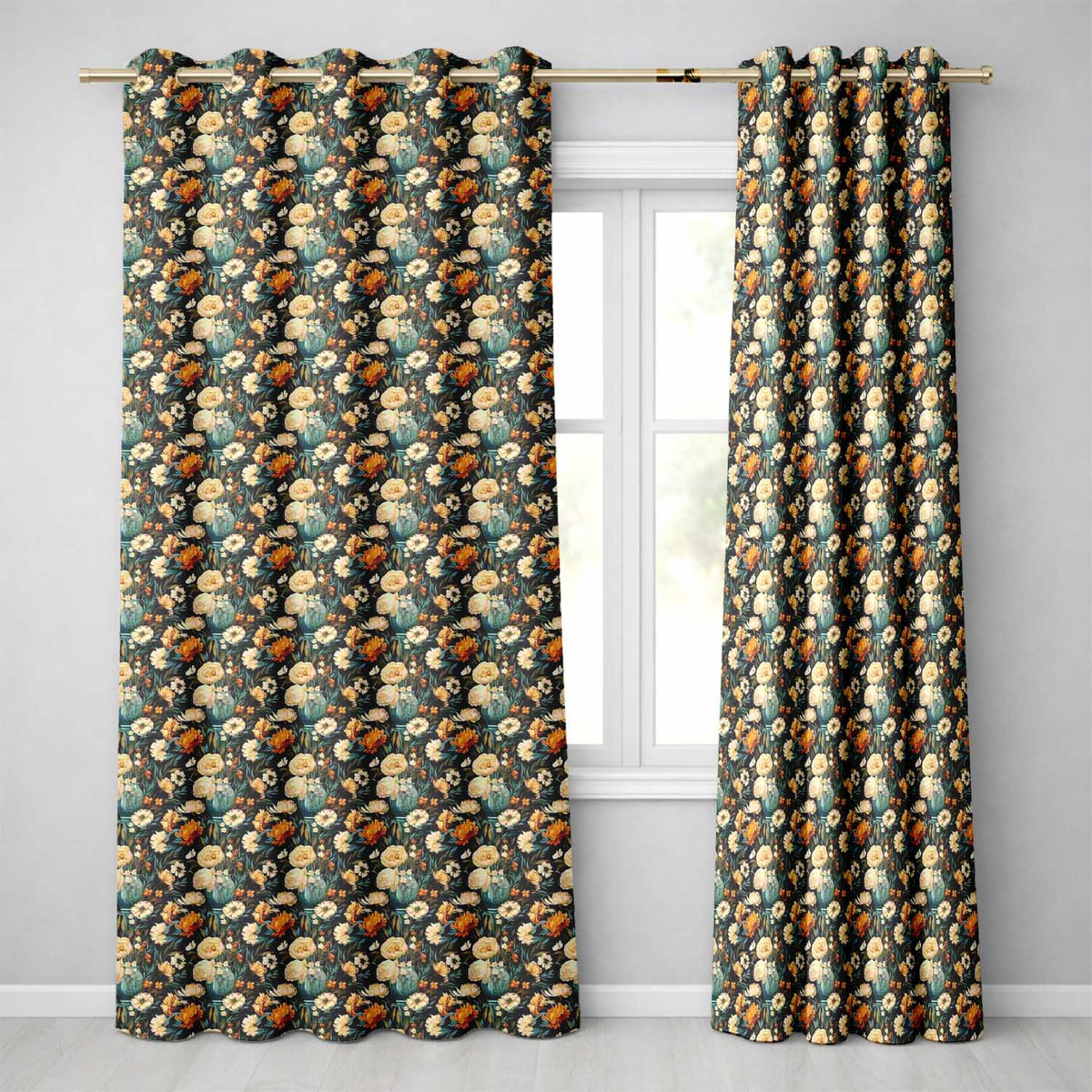Lush Peony and Blossom Floral Pattern in Teal Vase on Dark Background Readymade Eyelet Ring Top Thermal 100% Blackout Curtains