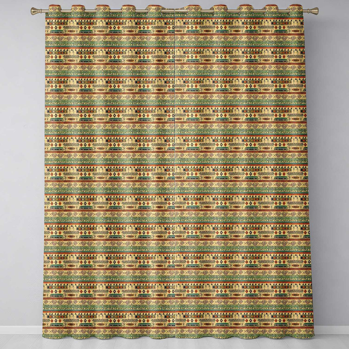 Geometric Tribal Stripe with Ethnic Shapes in Earthy Orange and Green Tones Readymade Eyelet Ring Top Thermal 100% Blackout Curtains
