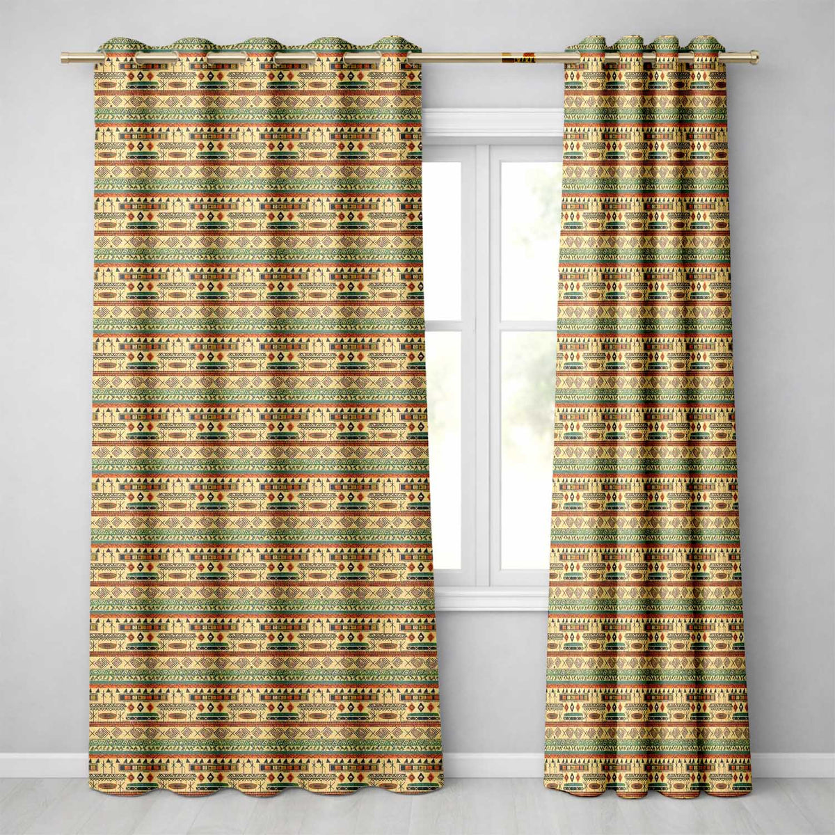 Geometric Tribal Stripe with Ethnic Shapes in Earthy Orange and Green Tones Readymade Eyelet Ring Top Thermal 100% Blackout Curtains