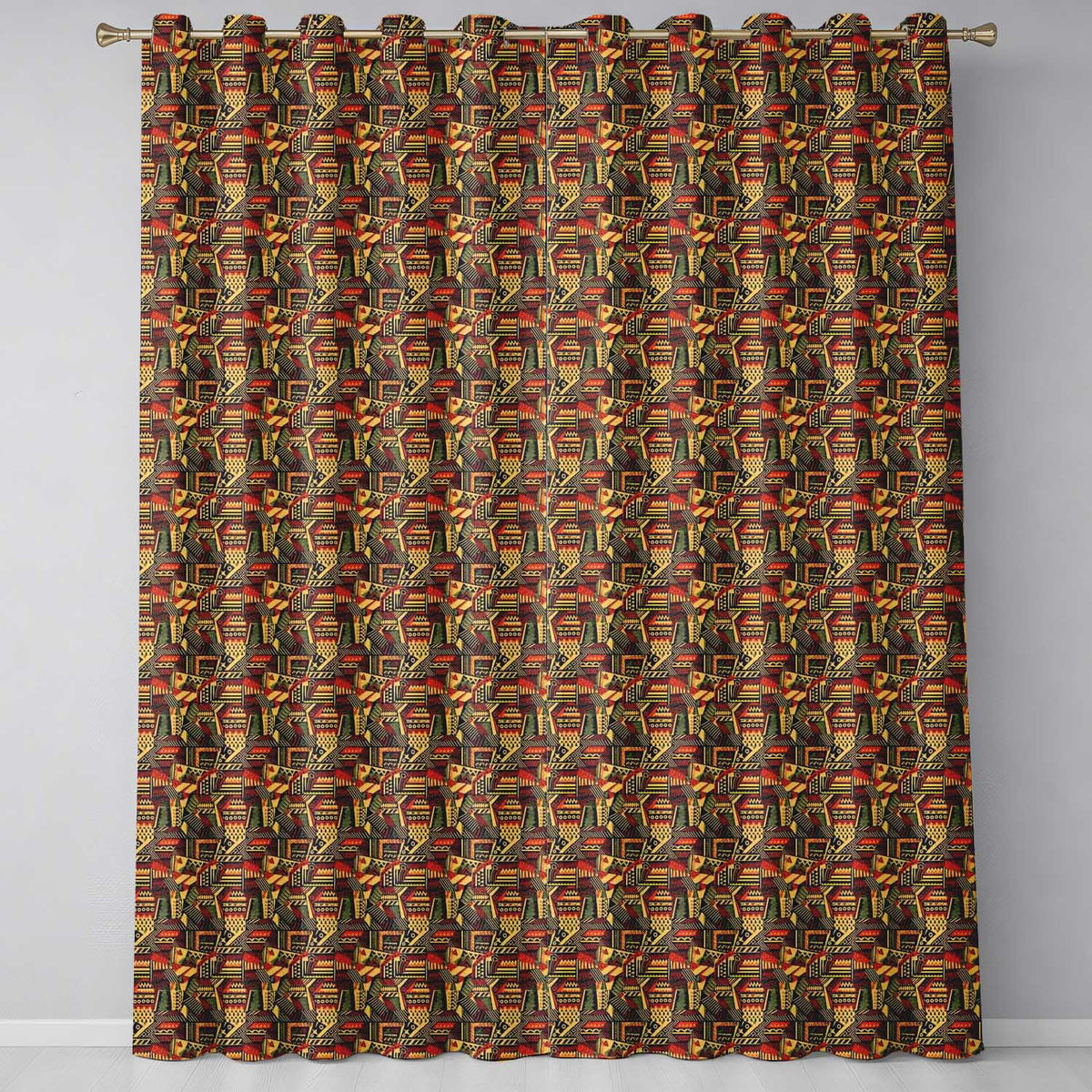 Bold African Inspired Geometric Patchwork Pattern in Black Orange and Mustard Readymade Eyelet Ring Top Thermal 100% Blackout Curtains