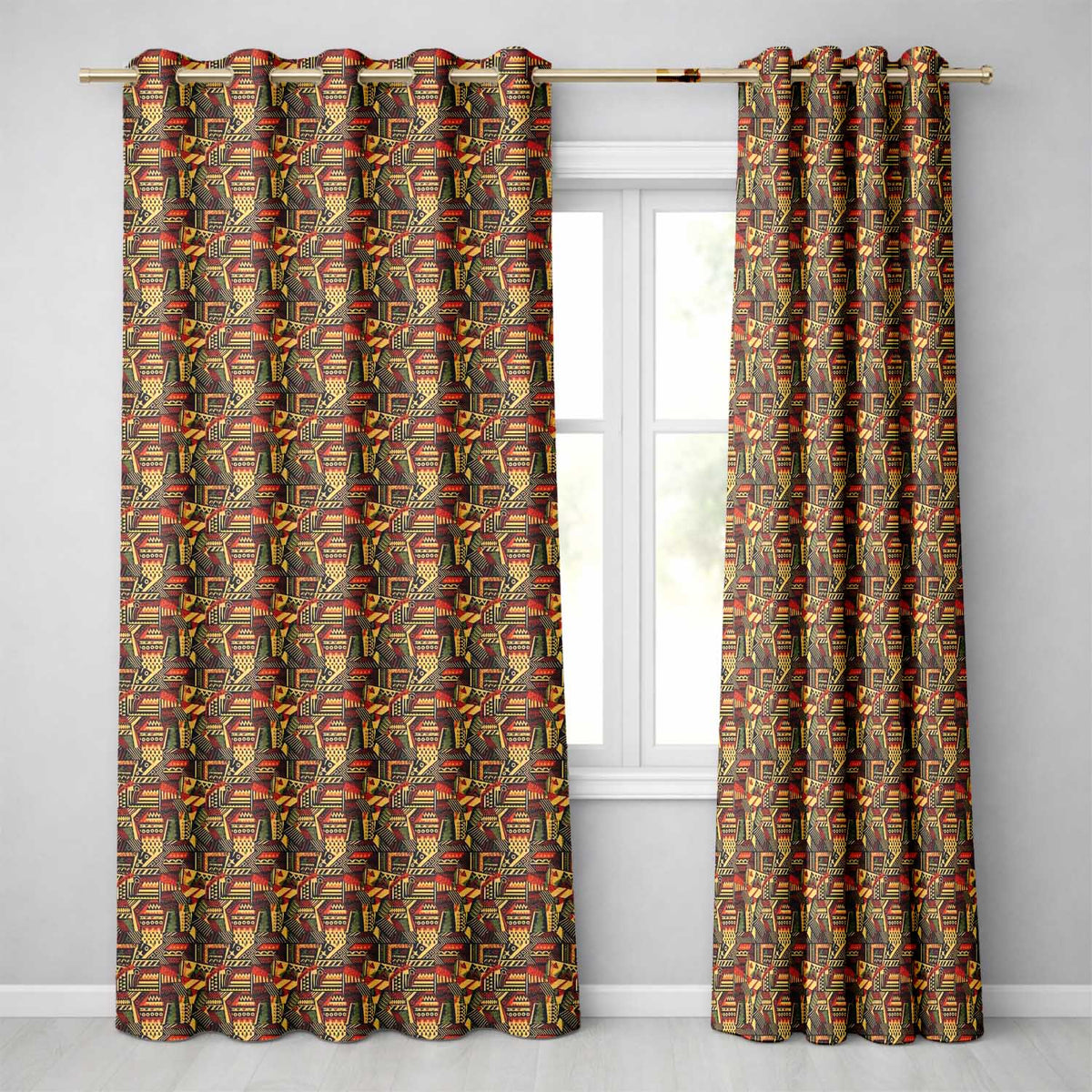 Bold African Inspired Geometric Patchwork Pattern in Black Orange and Mustard Readymade Eyelet Ring Top Thermal 100% Blackout Curtains