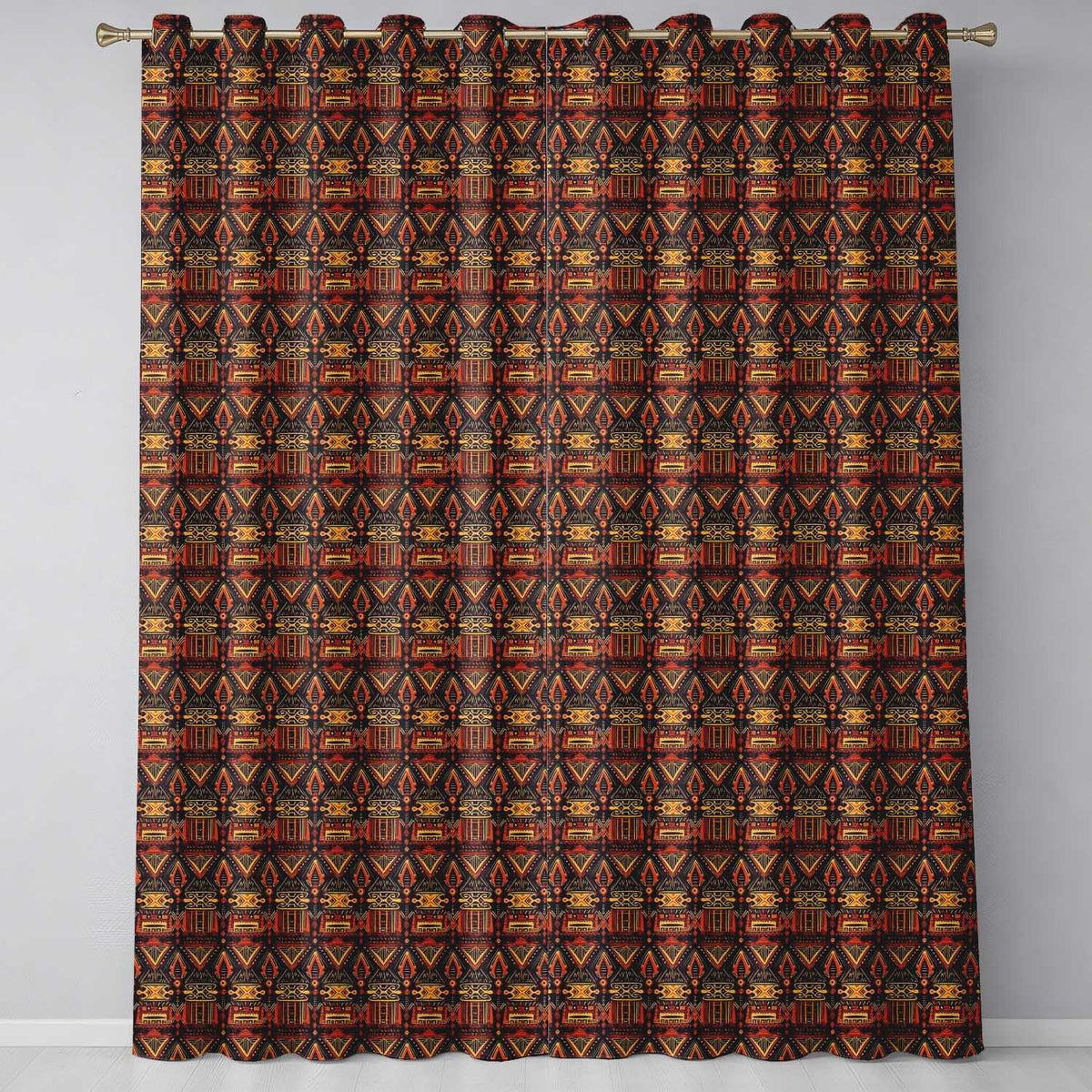 Bold Ethnic Geometric Pattern with Repeating Tribal Motifs in Black and Orange Readymade Eyelet Ring Top Thermal 100% Blackout Curtains