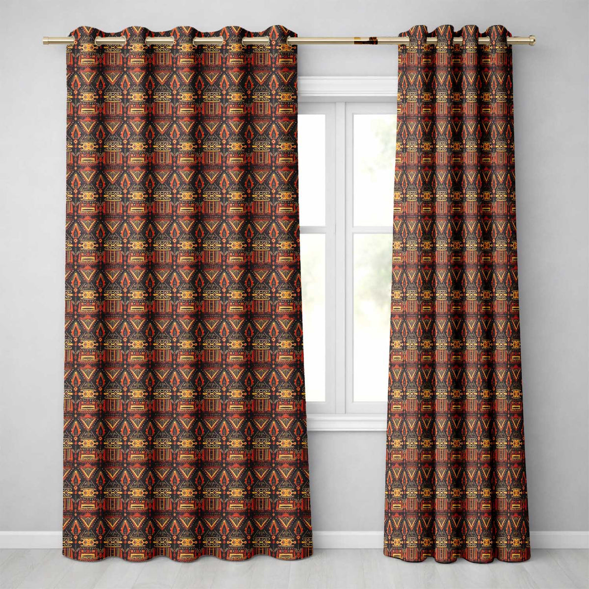 Bold Ethnic Geometric Pattern with Repeating Tribal Motifs in Black and Orange Readymade Eyelet Ring Top Thermal 100% Blackout Curtains