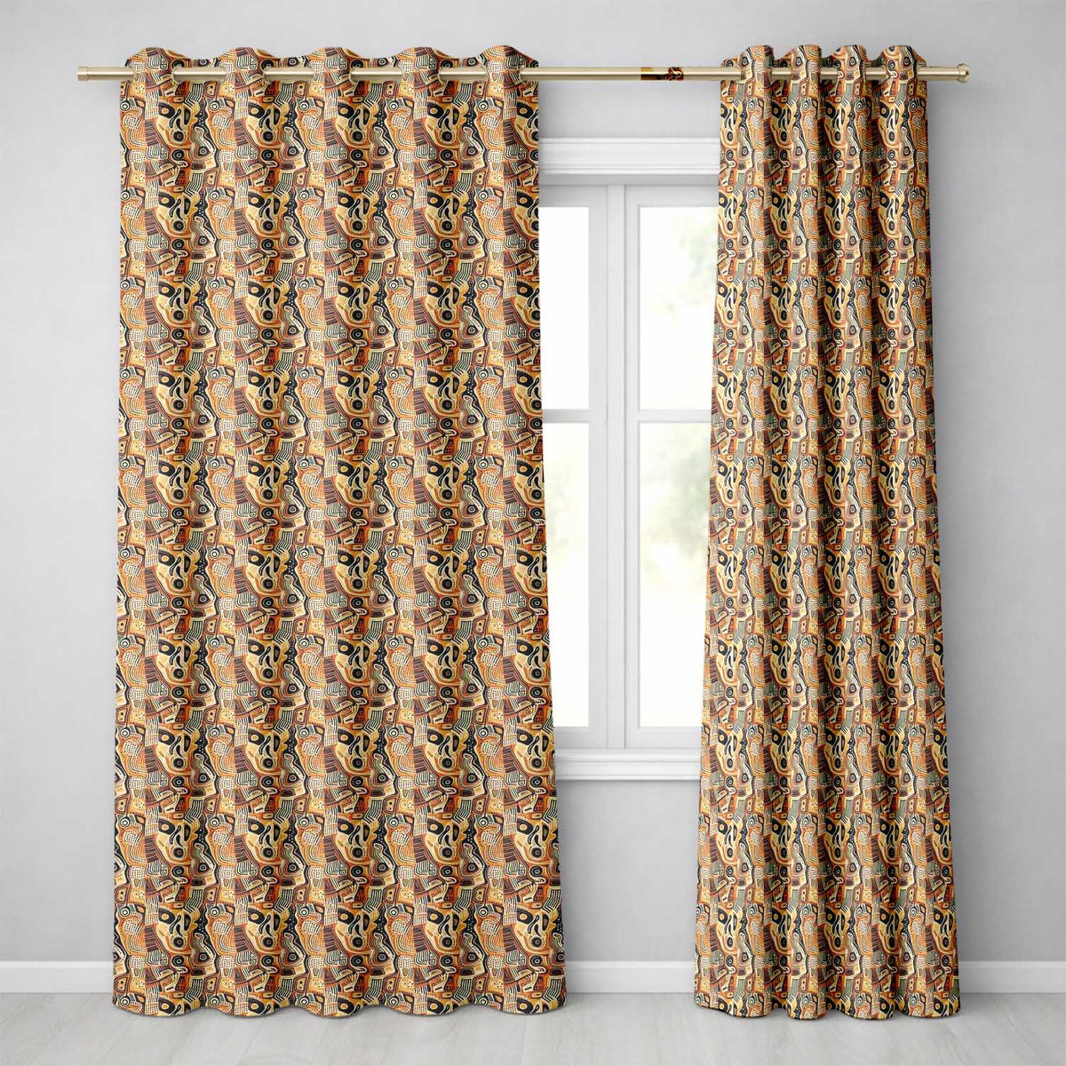 Abstract Tribal Line Art Pattern with Organic Shapes in Earthy Orange and Beige Readymade Eyelet Ring Top Thermal 100% Blackout Curtains