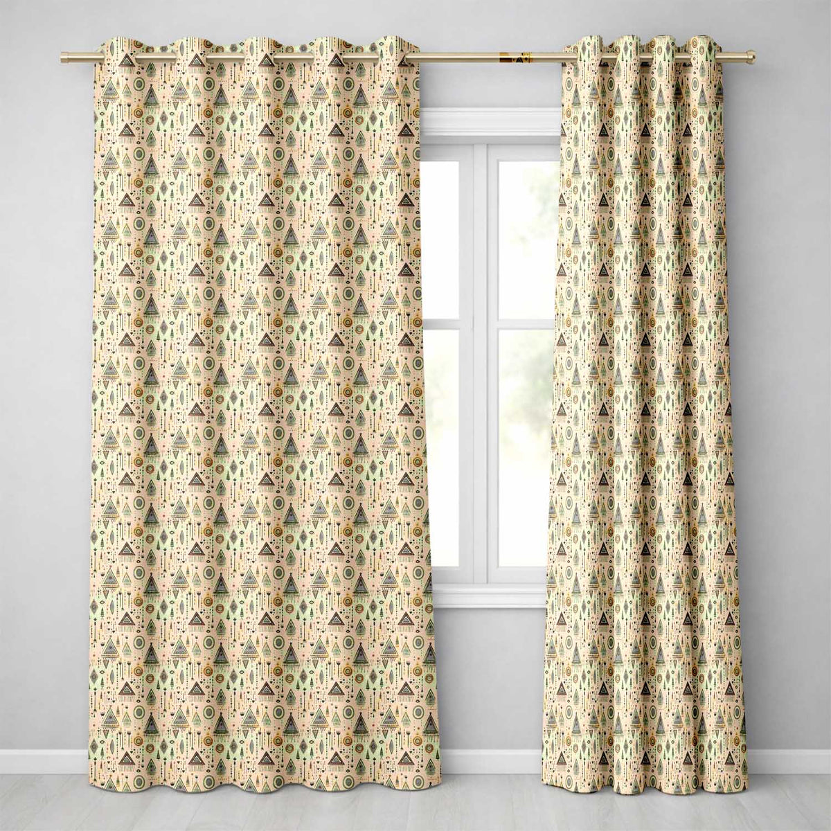 Tribal Geometric Pattern with Arrows Circles and Symbols in Soft Earthy Colours Readymade Eyelet Ring Top Thermal 100% Blackout Curtains