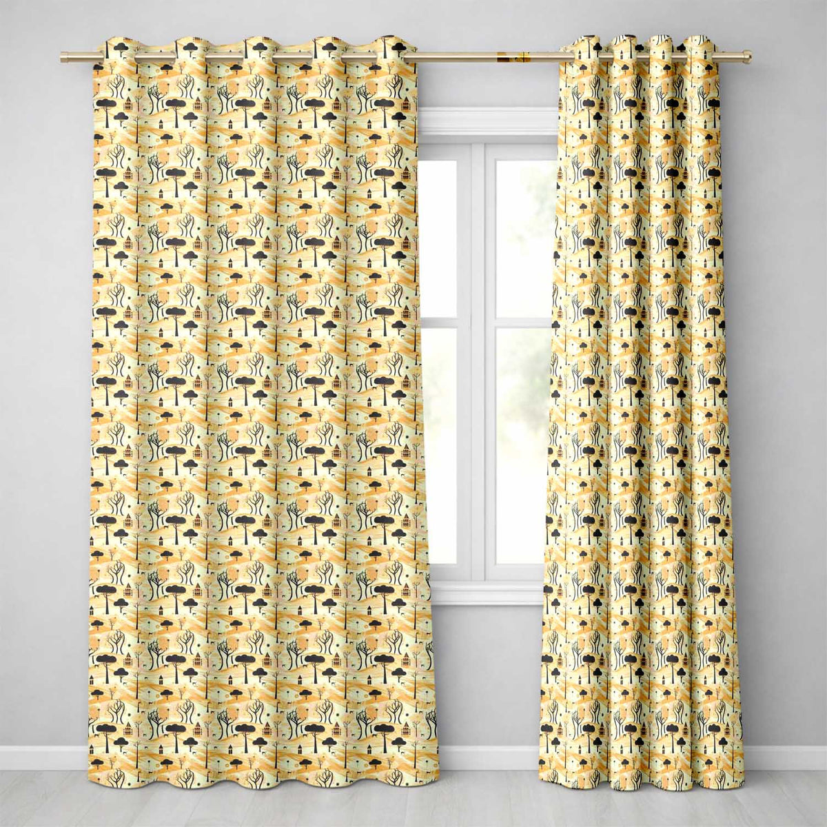 Minimalist African Savanna Pattern with Trees Wildlife and Village Silhouettes Readymade Eyelet Ring Top Thermal 100% Blackout Curtains