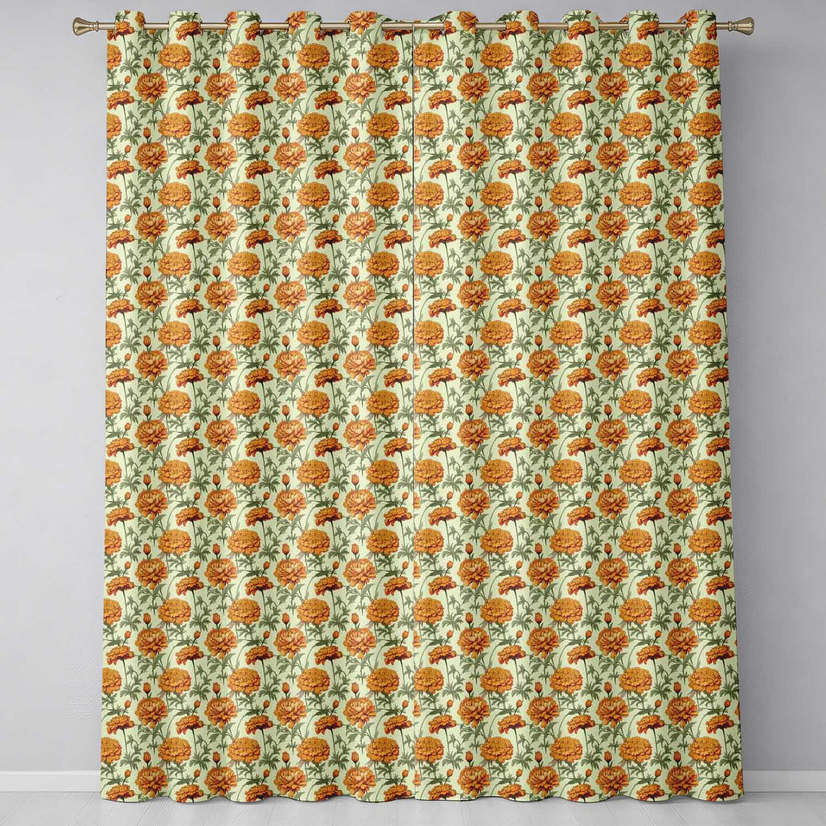 Dense Golden Chrysanthemum Floral Pattern with Dark Foliage Background Readymade Eyelet Ring Top Thermal 100% Blackout Curtains