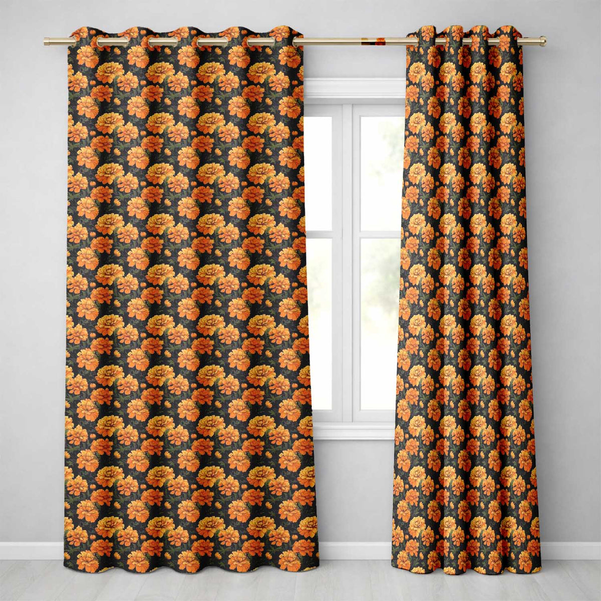 Painterly Orange Floral Pattern with Loose Brushstroke Chrysanthemum Design Readymade Eyelet Ring Top Thermal 100% Blackout Curtains