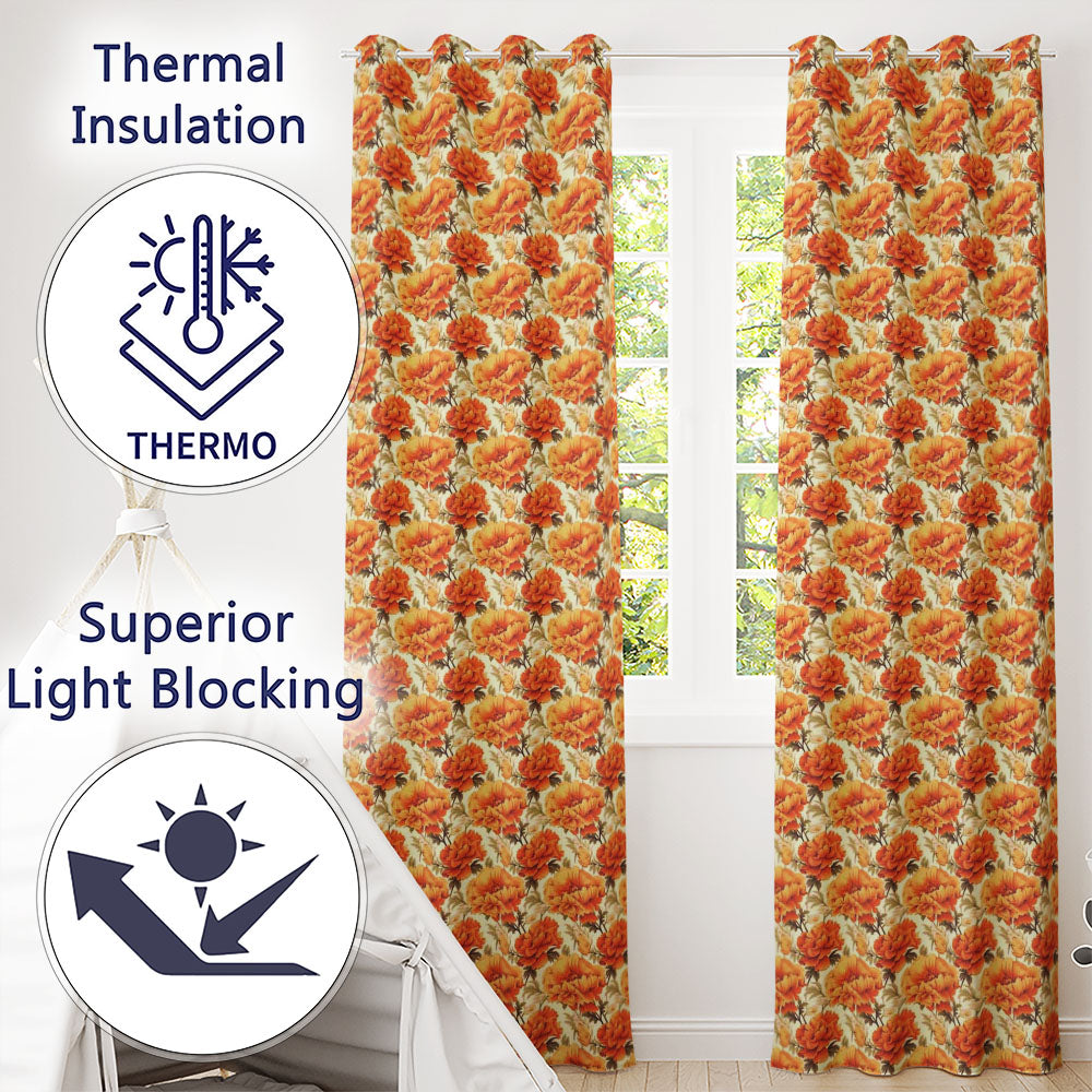 Soft Watercolour Orange Floral Pattern on Cream Background with Delicate Stems Readymade Eyelet Ring Top Thermal 100% Blackout Curtains
