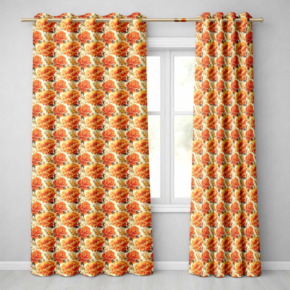 Soft Watercolour Orange Floral Pattern on Cream Background with Delicate Stems Readymade Eyelet Ring Top Thermal 100% Blackout Curtains